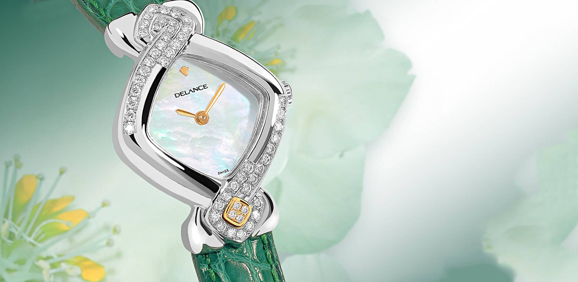 Pour une femme lumineuse et inattendue, la montre DELANCE "47 Lights for Maria" est le témoin de sa personnalité raffinée. Vous êtes à ses côtés et l’encouragez à être tout ce qu’elle peut être. Afin qu’elle s’en souvienne à chaque instant vous lui offrez une DELANCE couleur de lune, avec 47 diamants pour lui assurer que 47 ans c’est merveilleux.