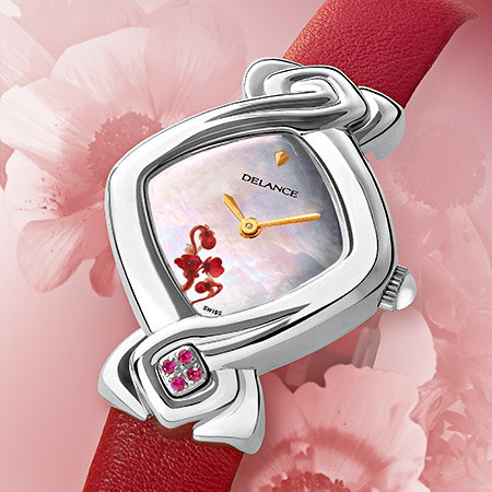 Florencia, steel watch for ladies with a white mother of pearldial, decorated with a pink flower, 4 pink sapphiren at 6, red leatherstrap, Swissmade, waterproof