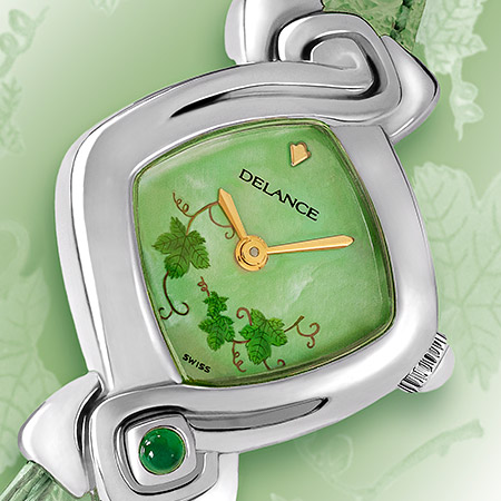 Steel watch with alligator strap green. Mother of pearl dial painted with wine leaves. The Delance watch « Chloé » is a miniature masterpiece