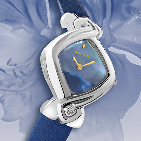 Bo, Damenstahlduhr mit 1 Diamant, blau Lederarmband, bemalte Perlmutterzifferblatt blaue, Swissmade, wasserdicht