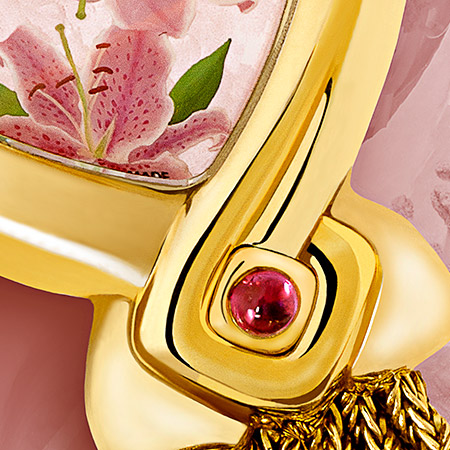 Flora, Golduhr mit Rubin, Gold Armband, bemalte Perlmutterzifferblatt, Swissmade, wasserdicht