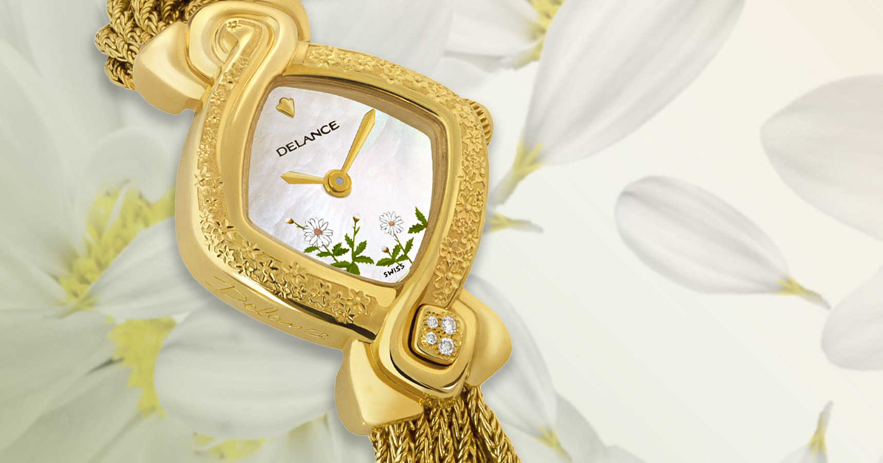 Daisy, Gold watch engraved with gold bracelet, decorated mother of pearl dial, 4 diamonds